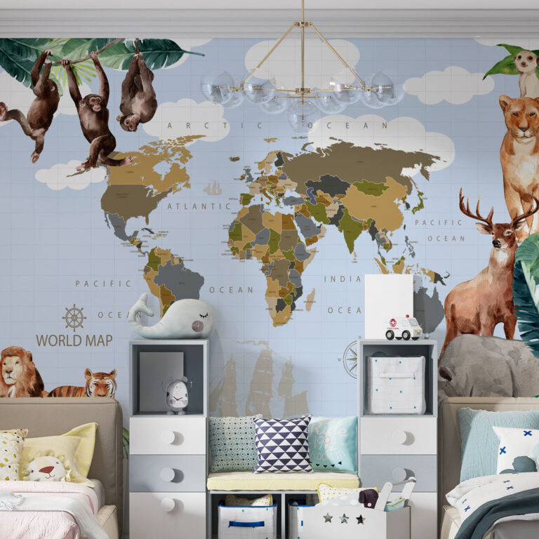Foto tapeta sa motivom karte sveta kombinuje funkcionalnost i dekorativni izgled zida.