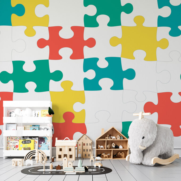 Dečija foto tapeta sa motivom puzzli podstiče razmišljanje i razigranost.