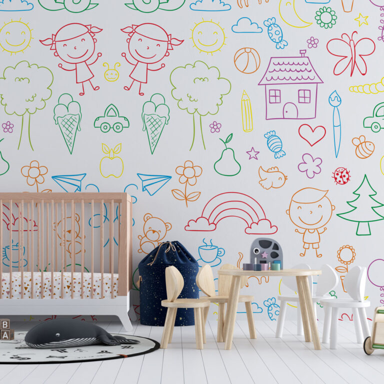 Dečiji patern ilustracije dece kućice duga