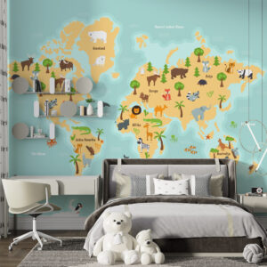 Foto tapeta sa motivom karte sveta idealna je za dečije sobe i edukativne prostore. Dizajn omogućava deci da kroz svakodnevni boravak u prostoru upoznaju kontinente i svet na vizuelno zanimljiv način, uz izradu po meri zida.