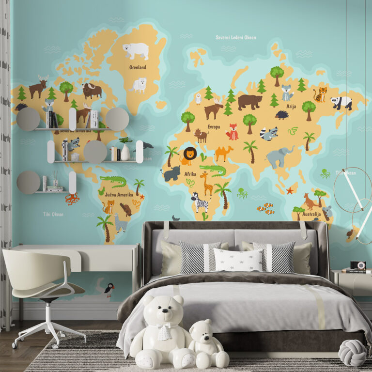 Foto tapeta sa motivom karte sveta idealna je za dečije sobe i edukativne prostore. Dizajn omogućava deci da kroz svakodnevni boravak u prostoru upoznaju kontinente i svet na vizuelno zanimljiv način, uz izradu po meri zida.