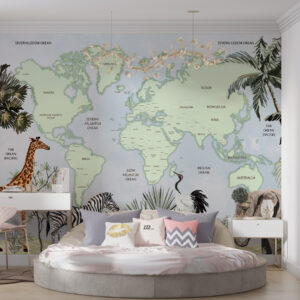 Dečija foto tapeta karta sveta sa životinjama – edukativna tapeta