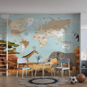 Dečija foto tapeta karta sveta sa životinjama – edukativna tapeta