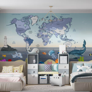 Dečija foto tapeta karta sveta sa podvodnim svetom – izrada po meri zida