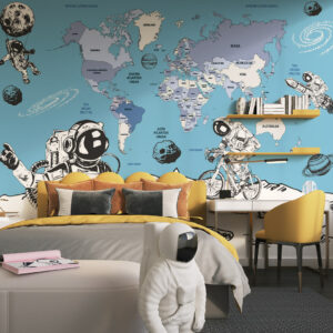 Dečija foto tapeta karta sveta sa astronautom – edukativni motiv